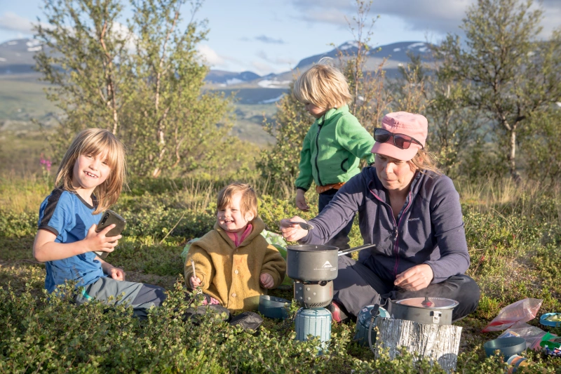 Mama with three little adventurers. August 2022. Abisko National Park. Swedish Lapland. 